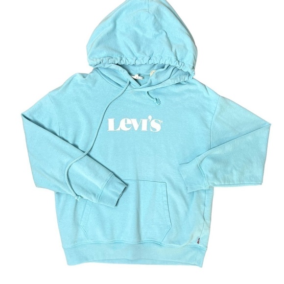 Levi’s Sky Blue Graphic Logo Pullover Knitted Hooded Sweatshirt Size Medium - Picture 3 of 16